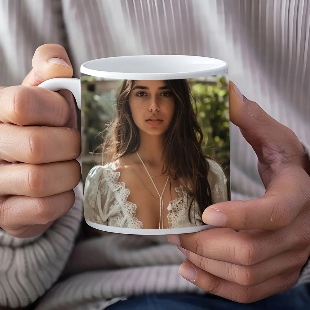 Young Woman White Lace Top Greenhouse Setting – Mugs