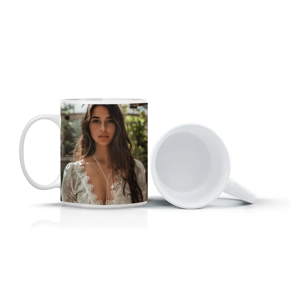 Young Woman White Lace Top Greenhouse Setting – Mugs