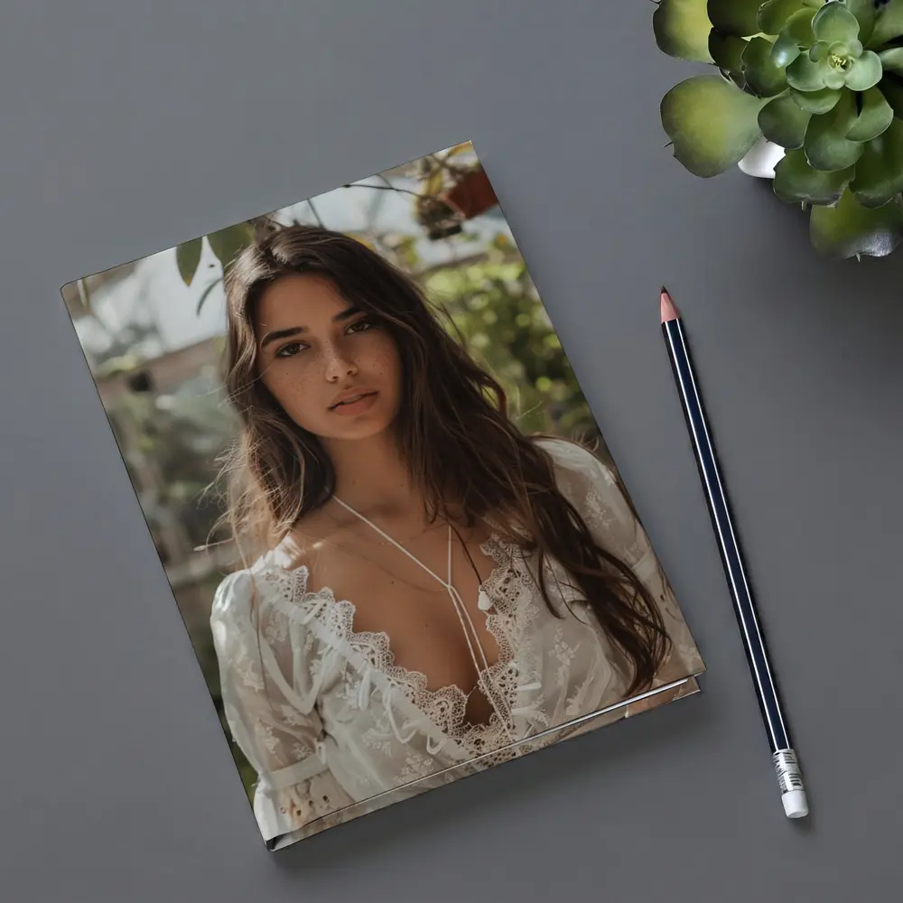 Young Woman White Lace Top Greenhouse Setting – Notebooks