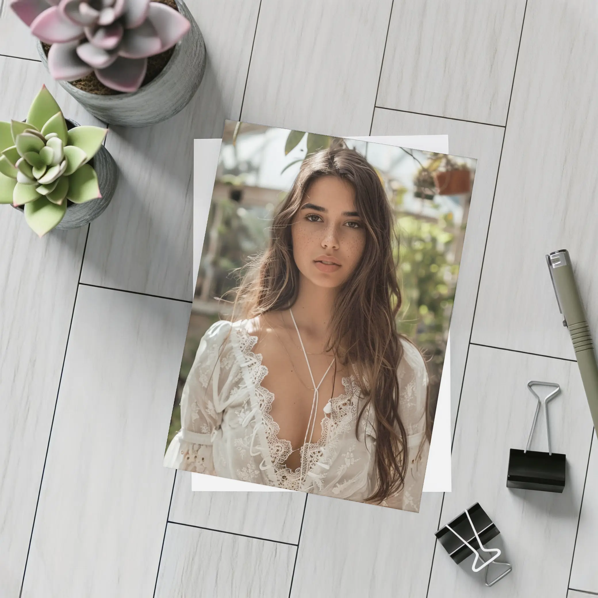 Young Woman White Lace Top Greenhouse Setting – Postcards