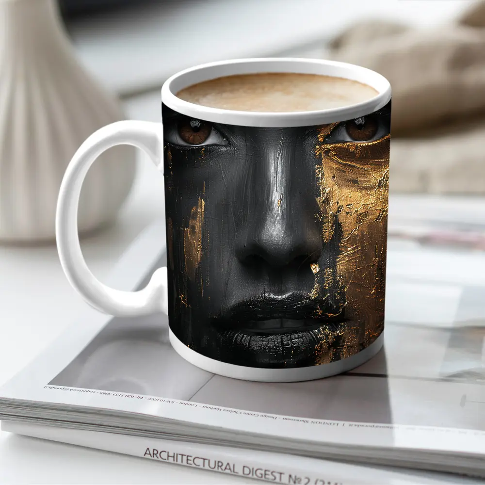 Black Gold Face Paint Woman Portrait Art – Mugs