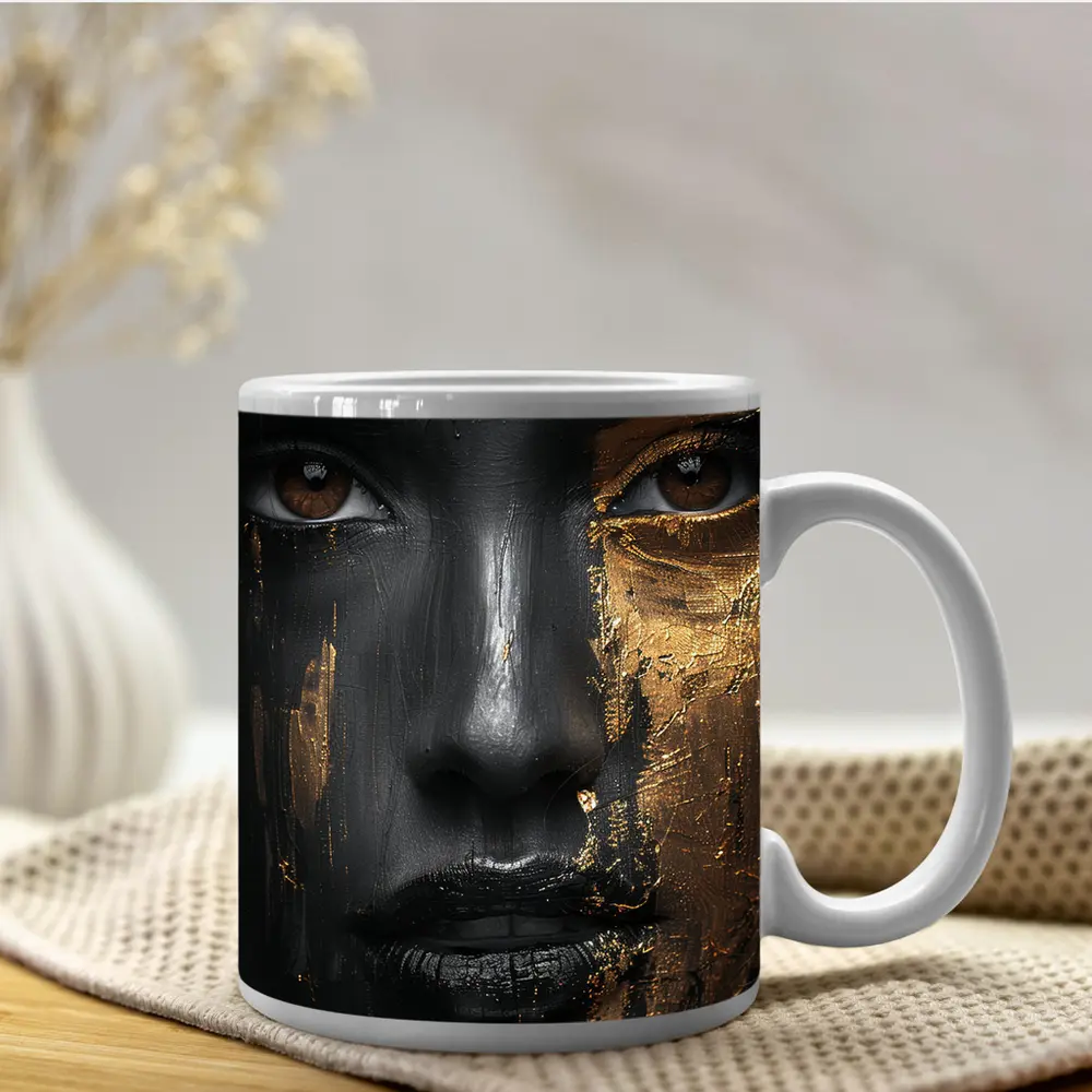 Black Gold Face Paint Woman Portrait Art – Mugs