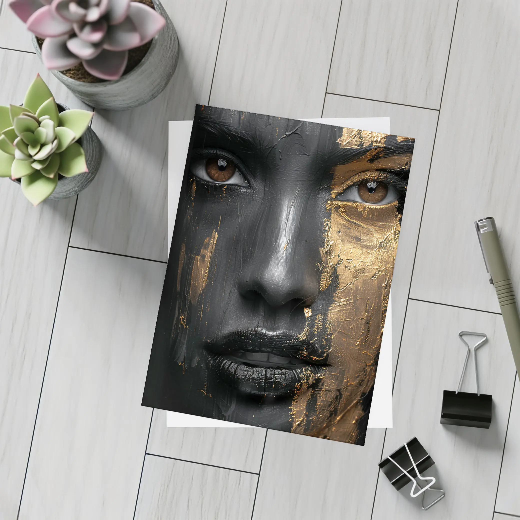 Black Gold Face Paint Woman Portrait Art – Postcards