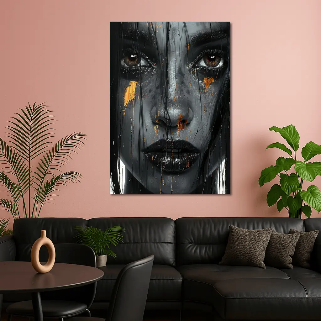 Dark Female Portrait Gold Paint Drips Abstract – Wall Art