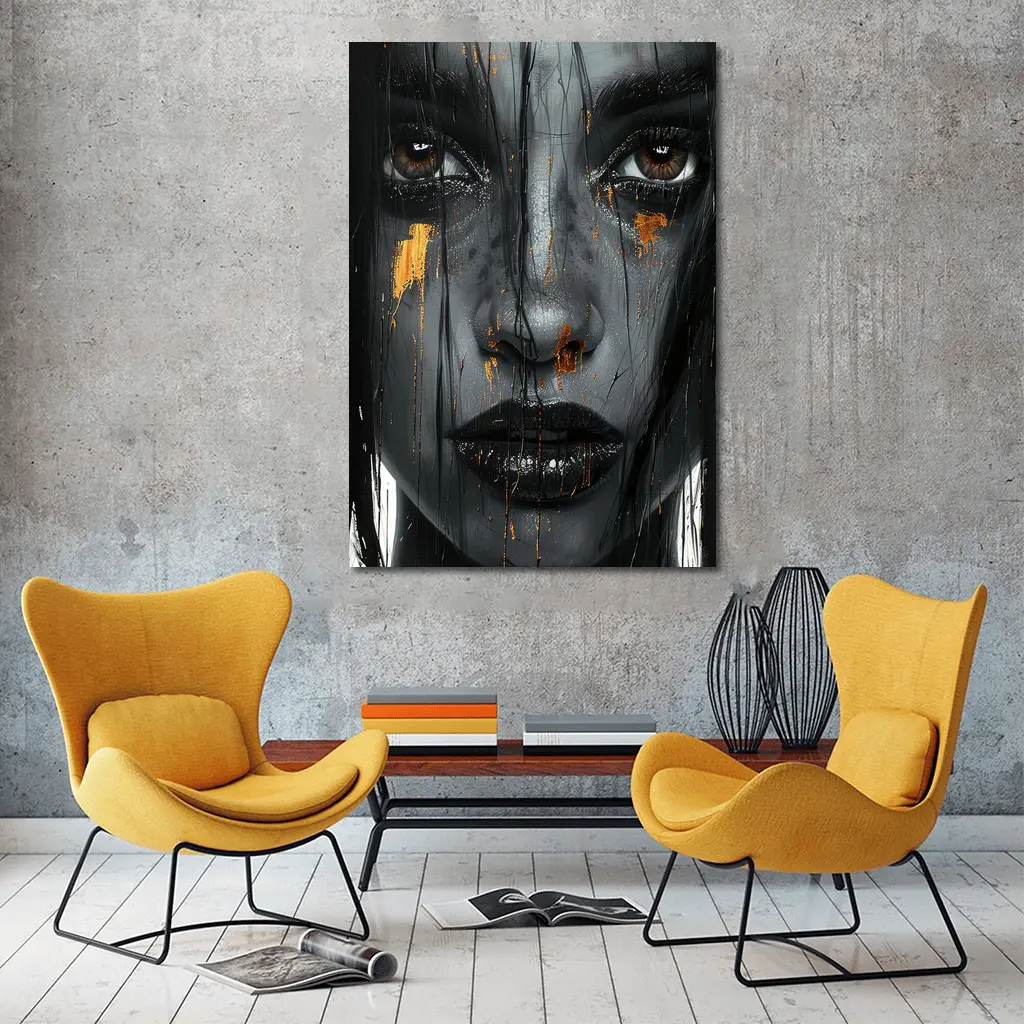 Dark Female Portrait Gold Paint Drips Abstract – Wall Art