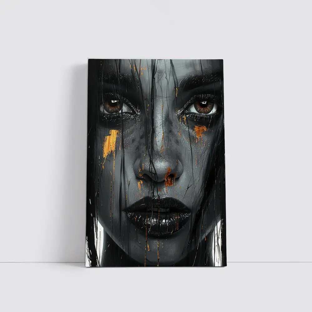 Dark Female Portrait Gold Paint Drips Abstract – Wall Art