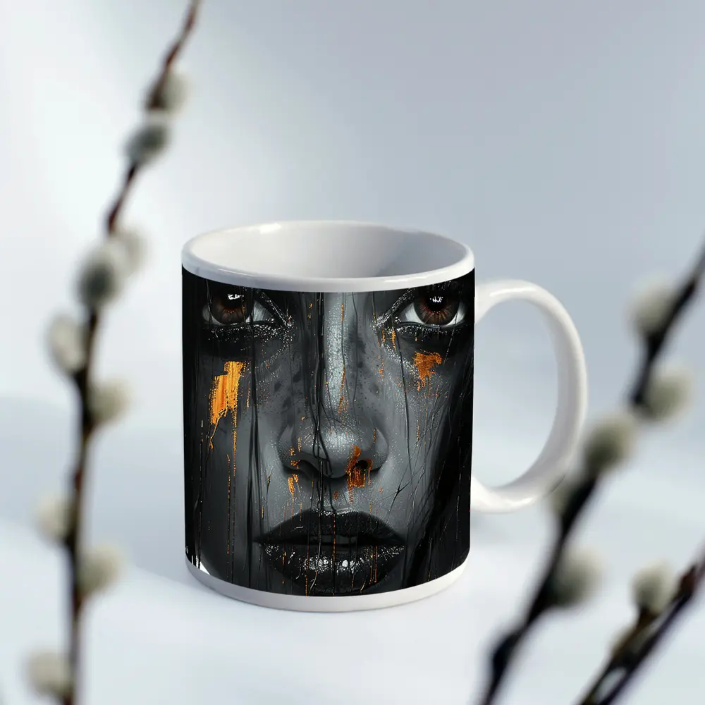 Dark Female Portrait Gold Paint Drips Abstract – Mugs