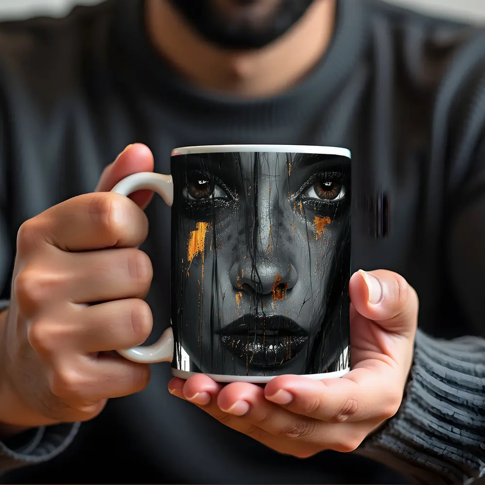 Dark Female Portrait Gold Paint Drips Abstract – Mugs