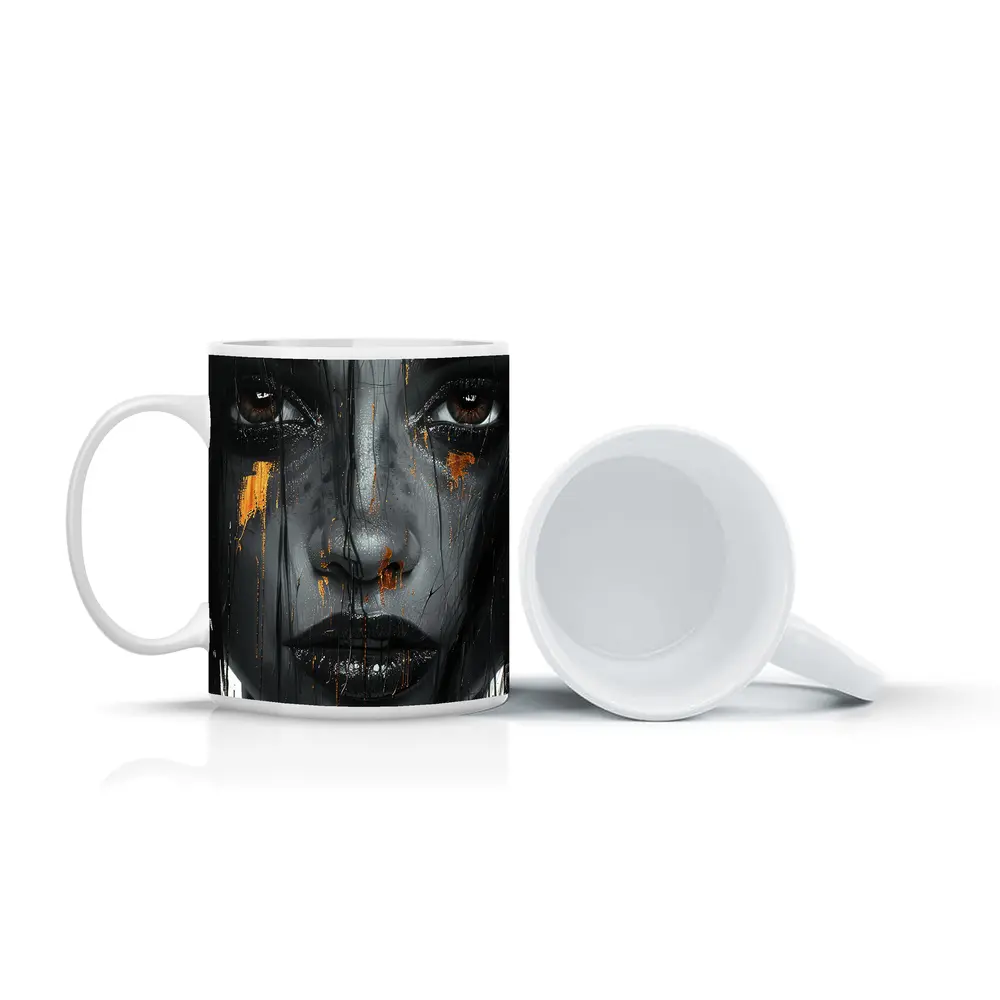 Dark Female Portrait Gold Paint Drips Abstract – Mugs