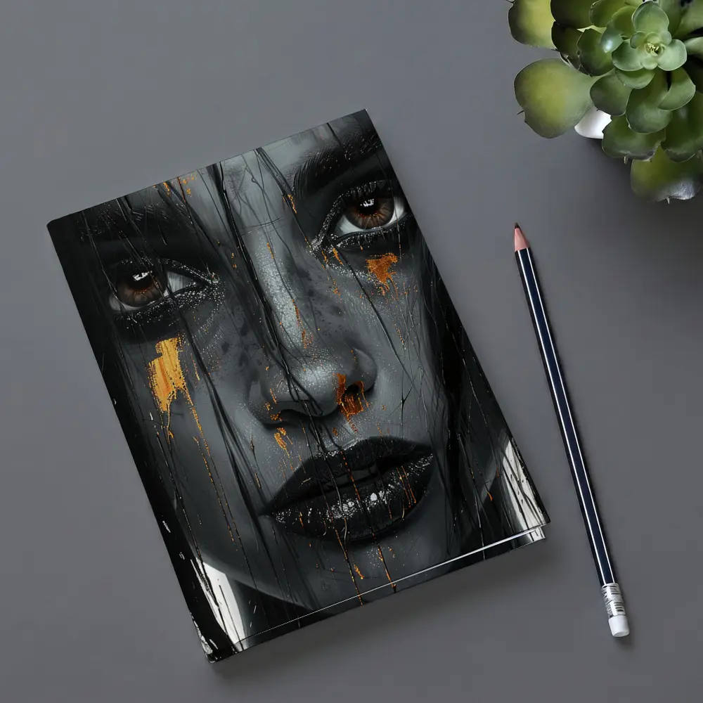 Dark Female Portrait Gold Paint Drips Abstract – Notebooks