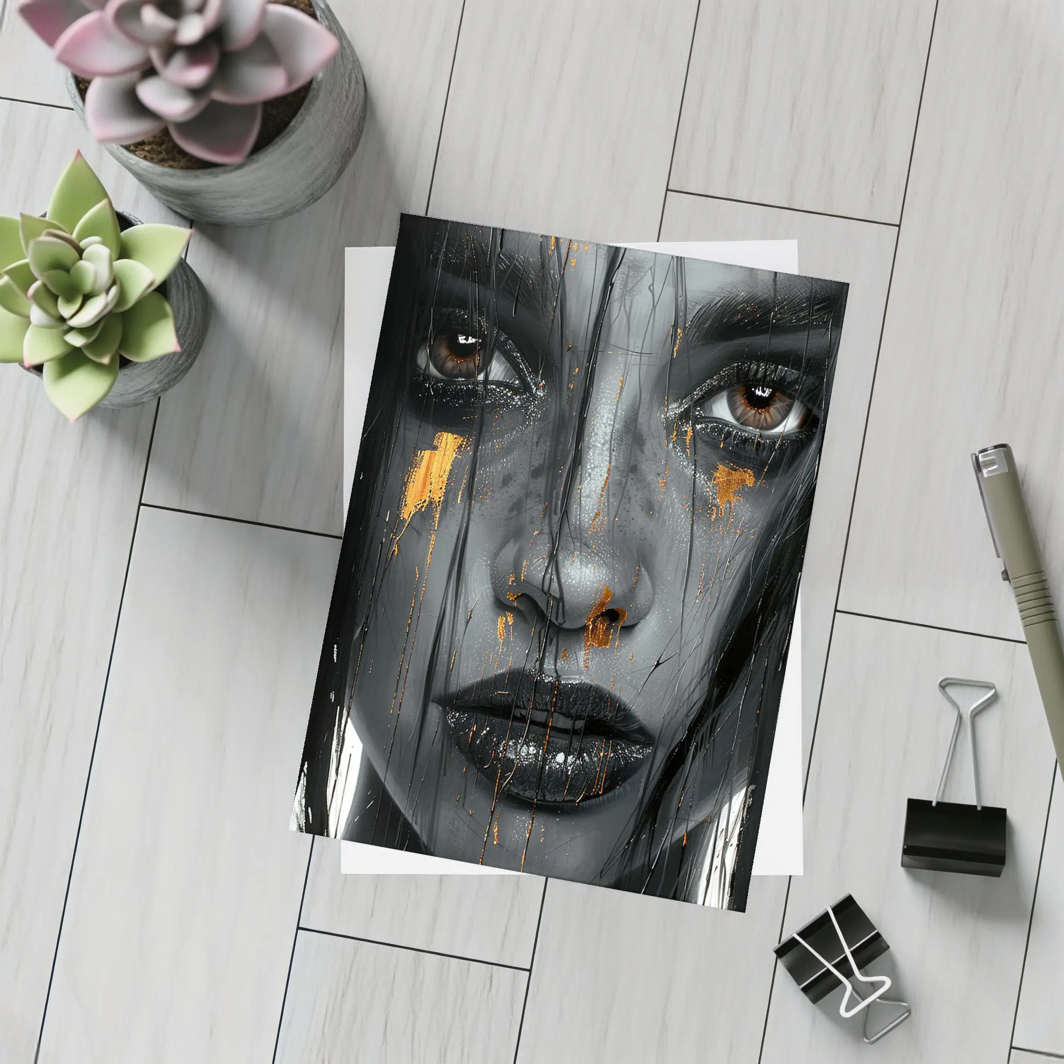 Dark Female Portrait Gold Paint Drips Abstract – Postcards