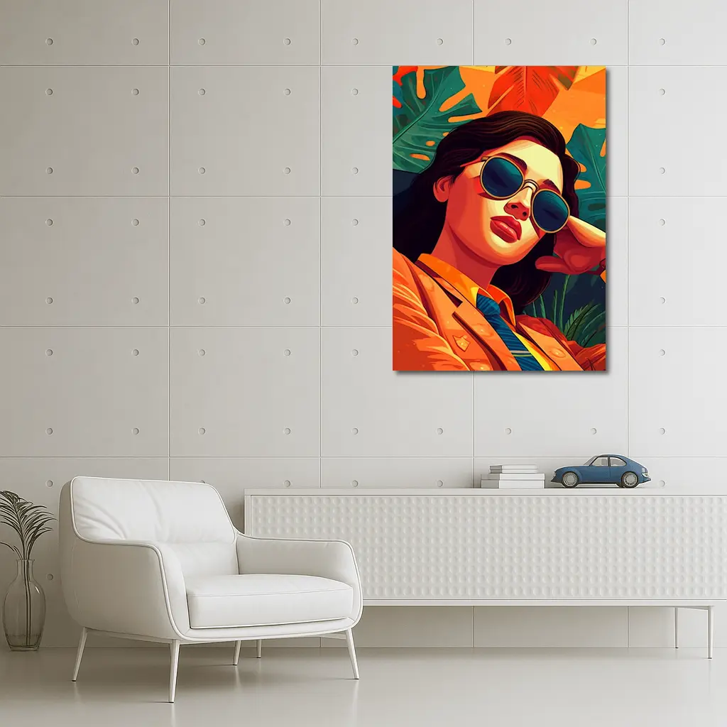 Stylish Woman Sunglasses Tropical Leaves Pop Art – Wall Art