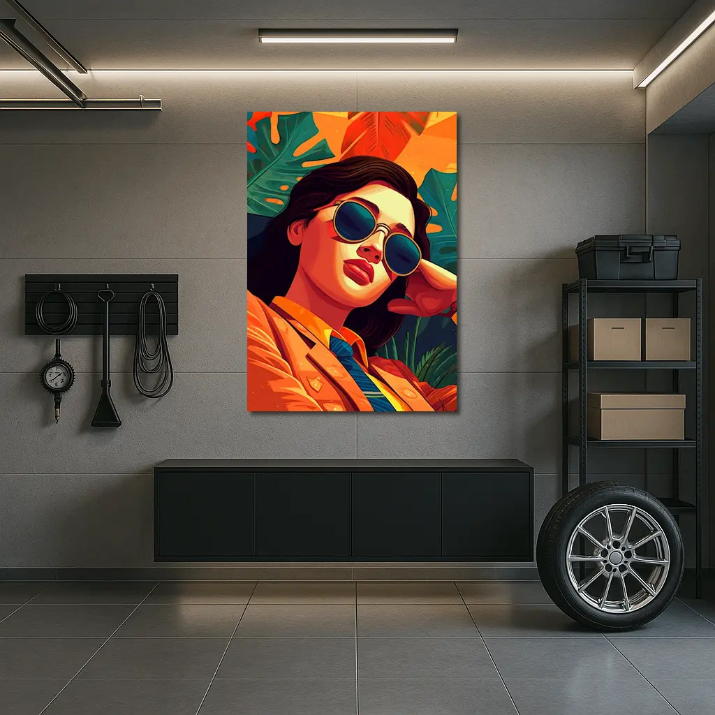 Stylish Woman Sunglasses Tropical Leaves Pop Art – Wall Art