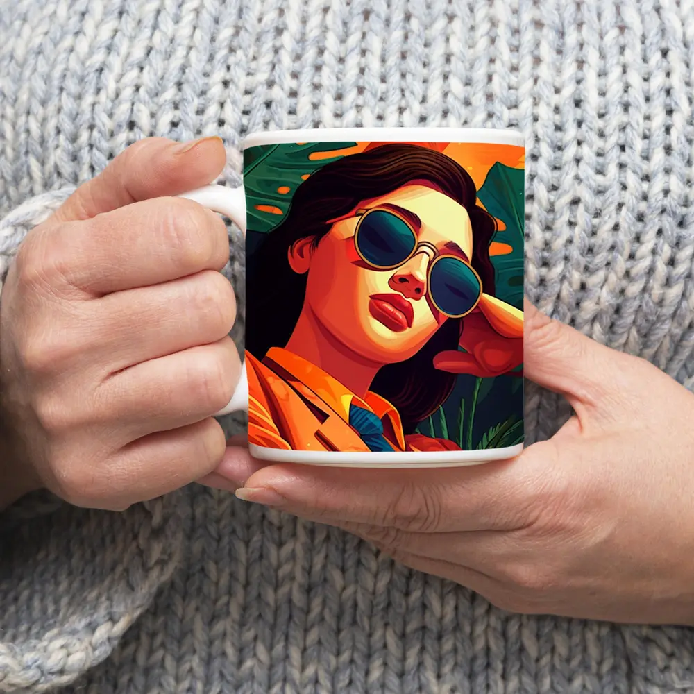 Stylish Woman Sunglasses Tropical Leaves Pop Art – Mugs