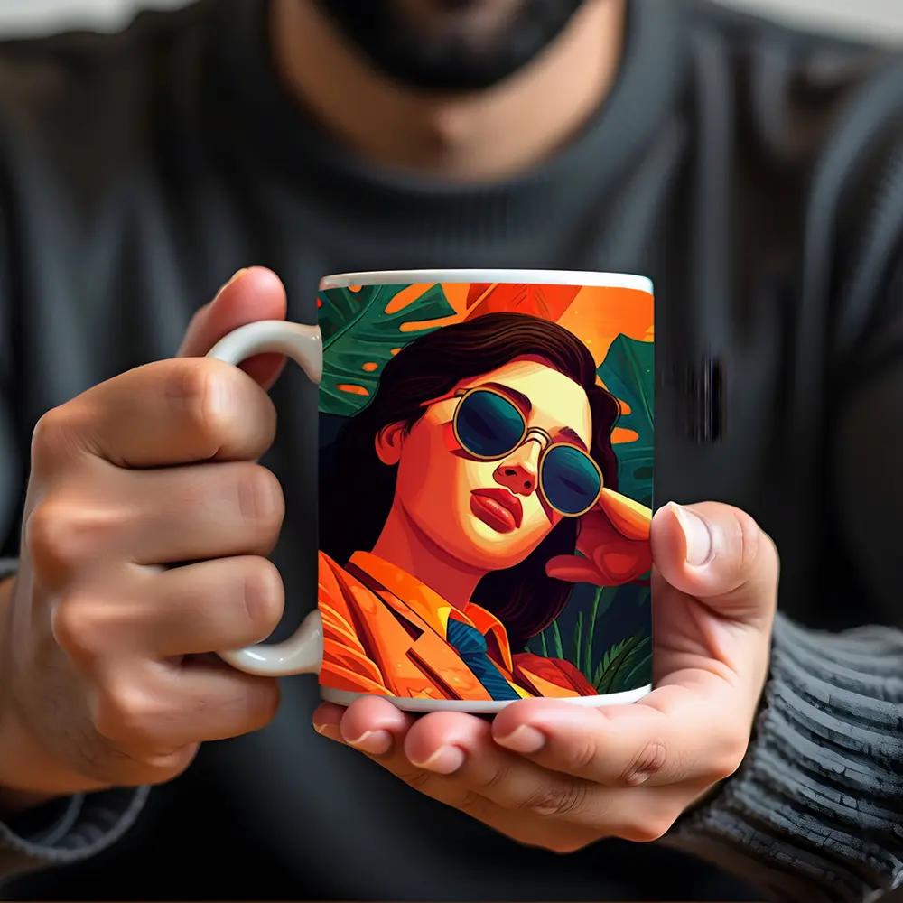 Stylish Woman Sunglasses Tropical Leaves Pop Art – Mugs