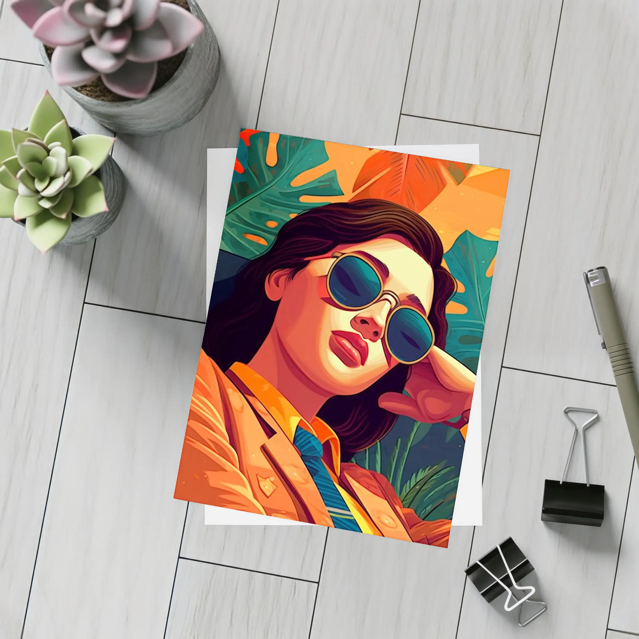 Stylish Woman Sunglasses Tropical Leaves Pop Art – Postcards