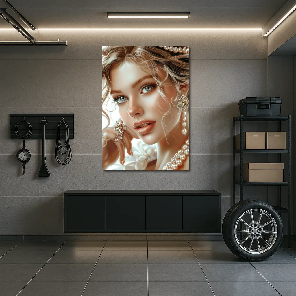 Elegant Woman Portrait Pearl Jewelry White – Wall Art
