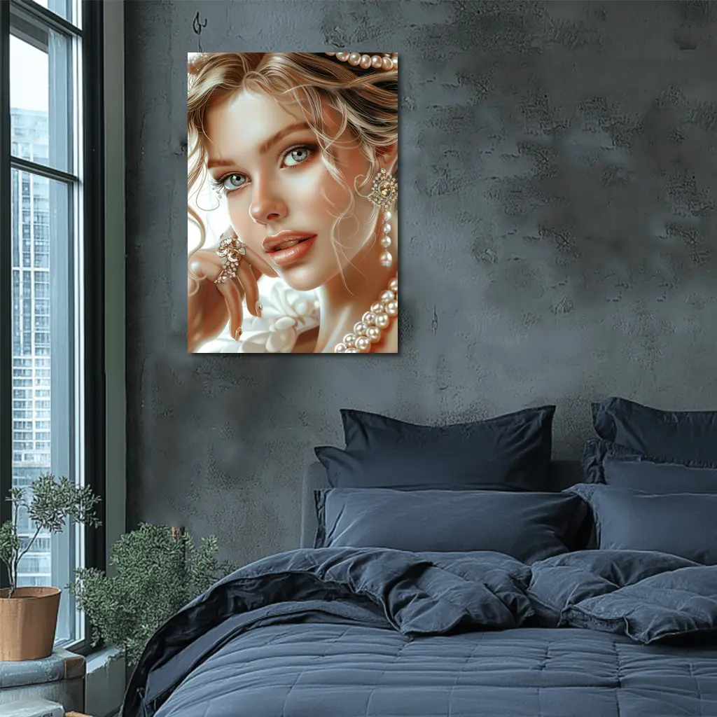 Elegant Woman Portrait Pearl Jewelry White – Wall Art