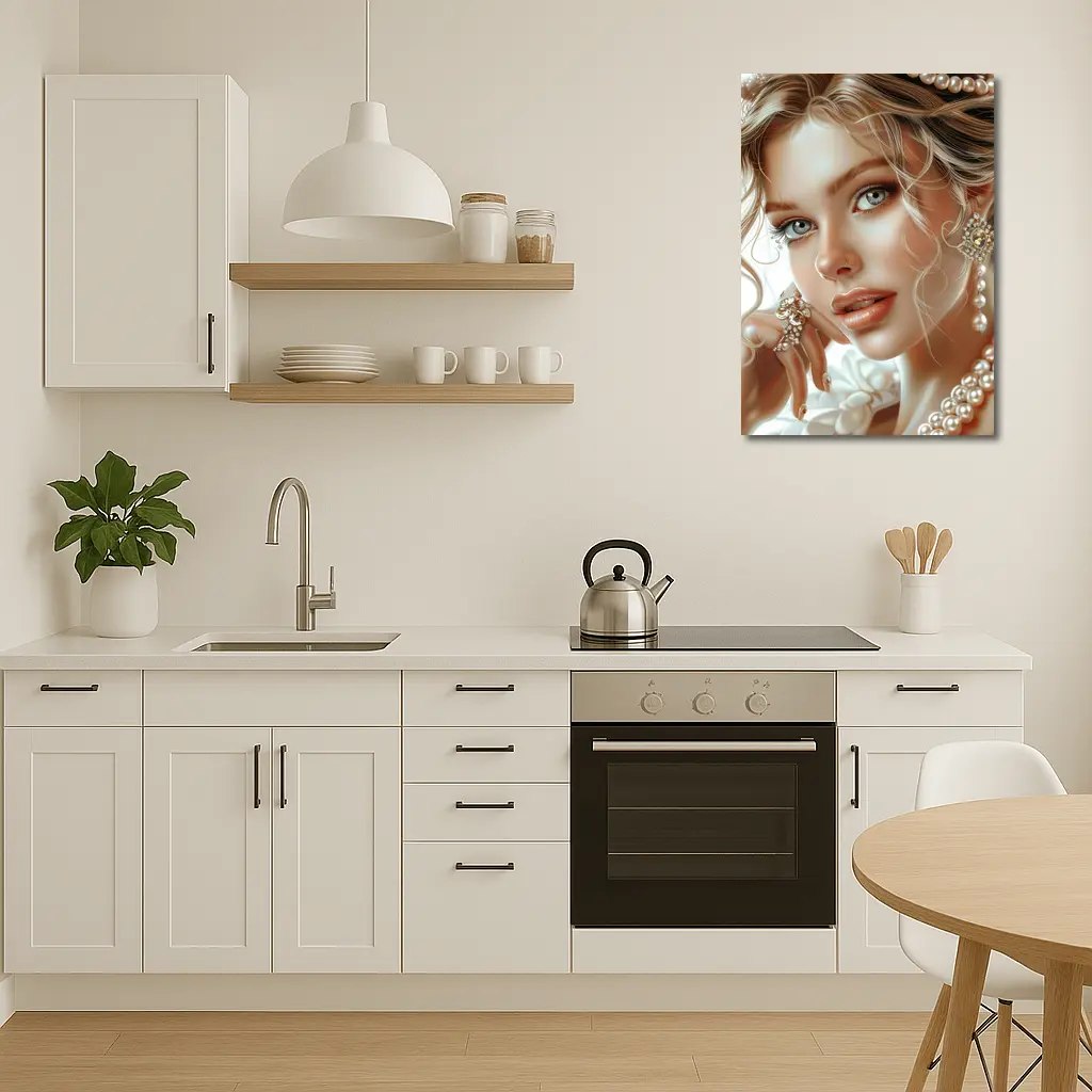 Elegant Woman Portrait Pearl Jewelry White – Wall Art