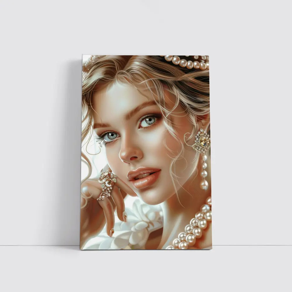 Elegant Woman Portrait Pearl Jewelry White – Wall Art