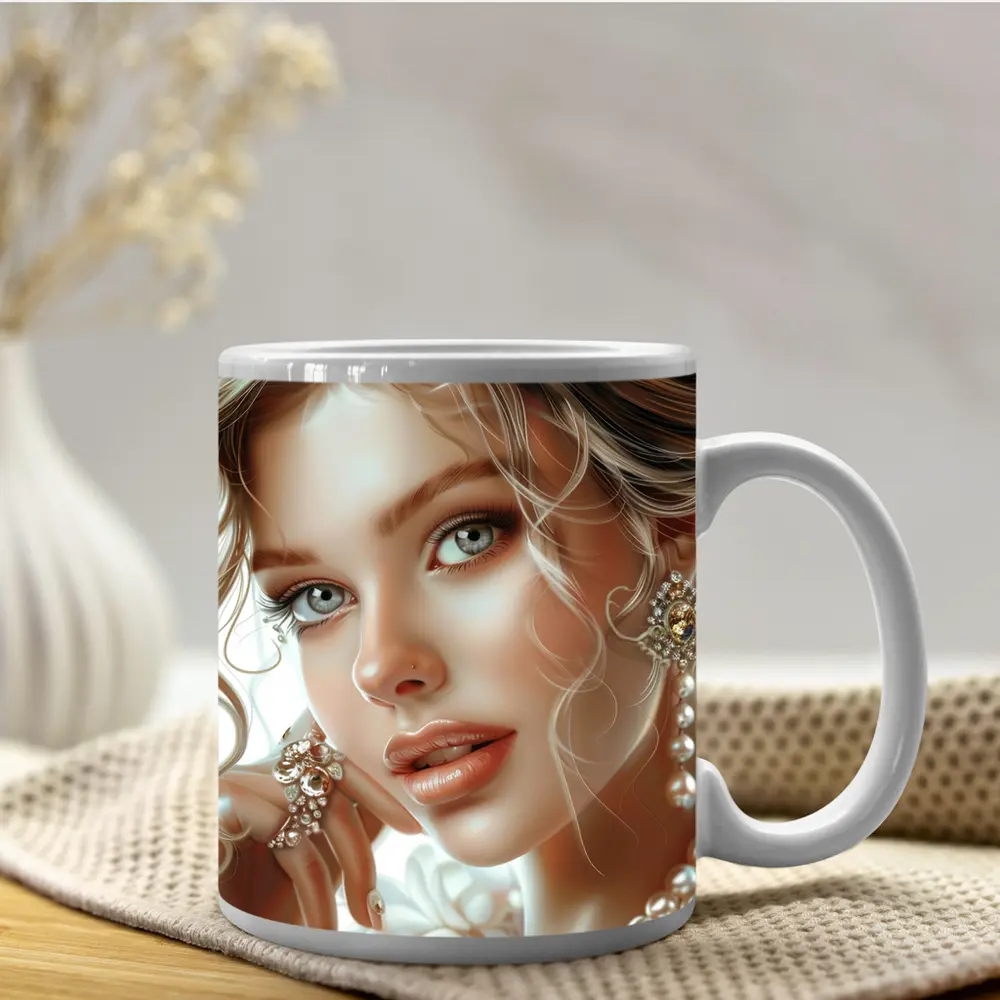 Elegant Woman Portrait Pearl Jewelry White – Mugs