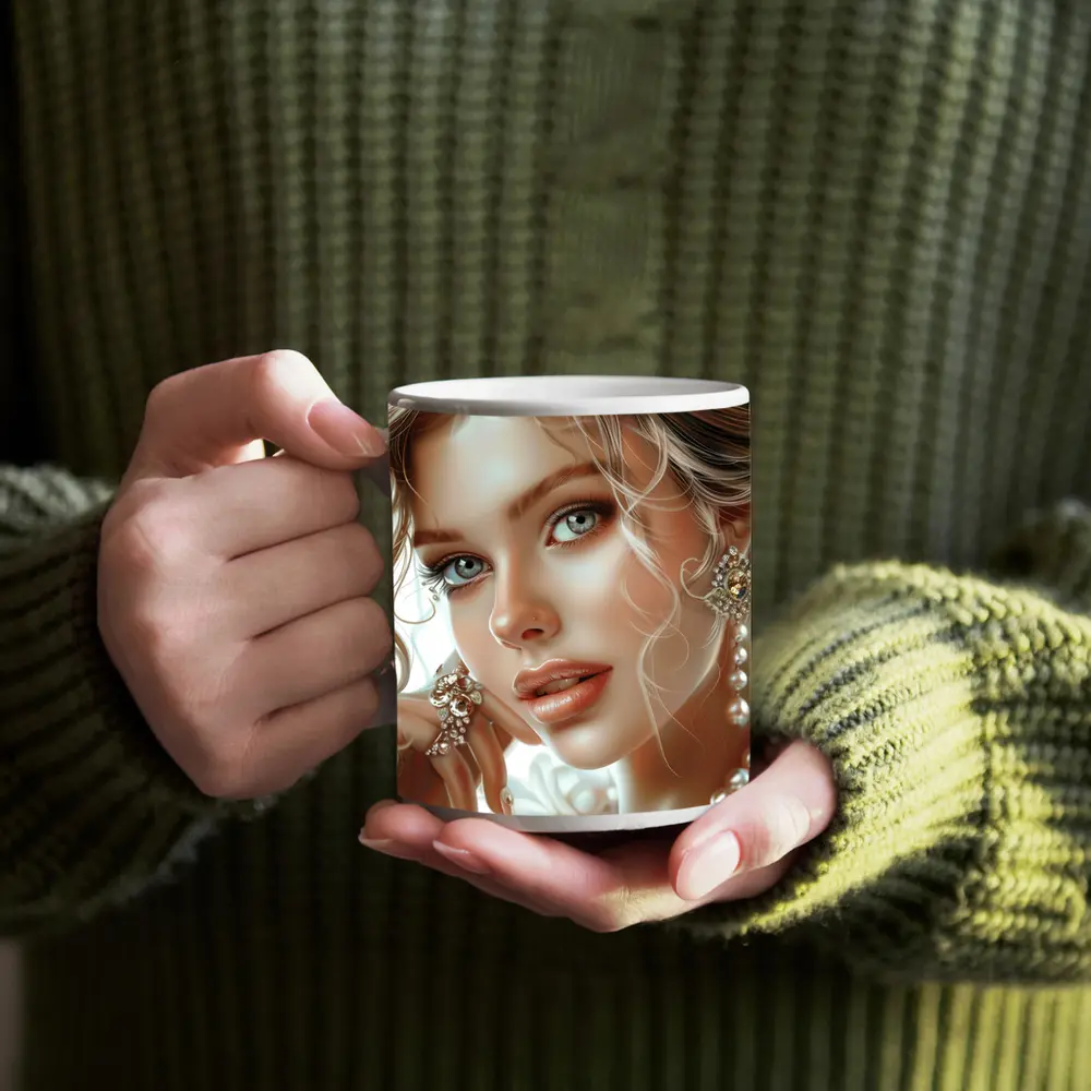 Elegant Woman Portrait Pearl Jewelry White – Mugs