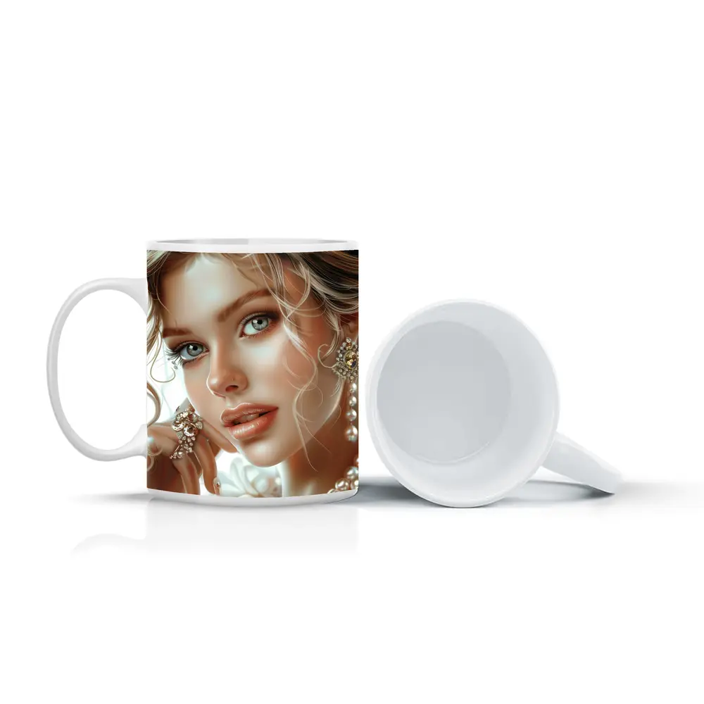 Elegant Woman Portrait Pearl Jewelry White – Mugs