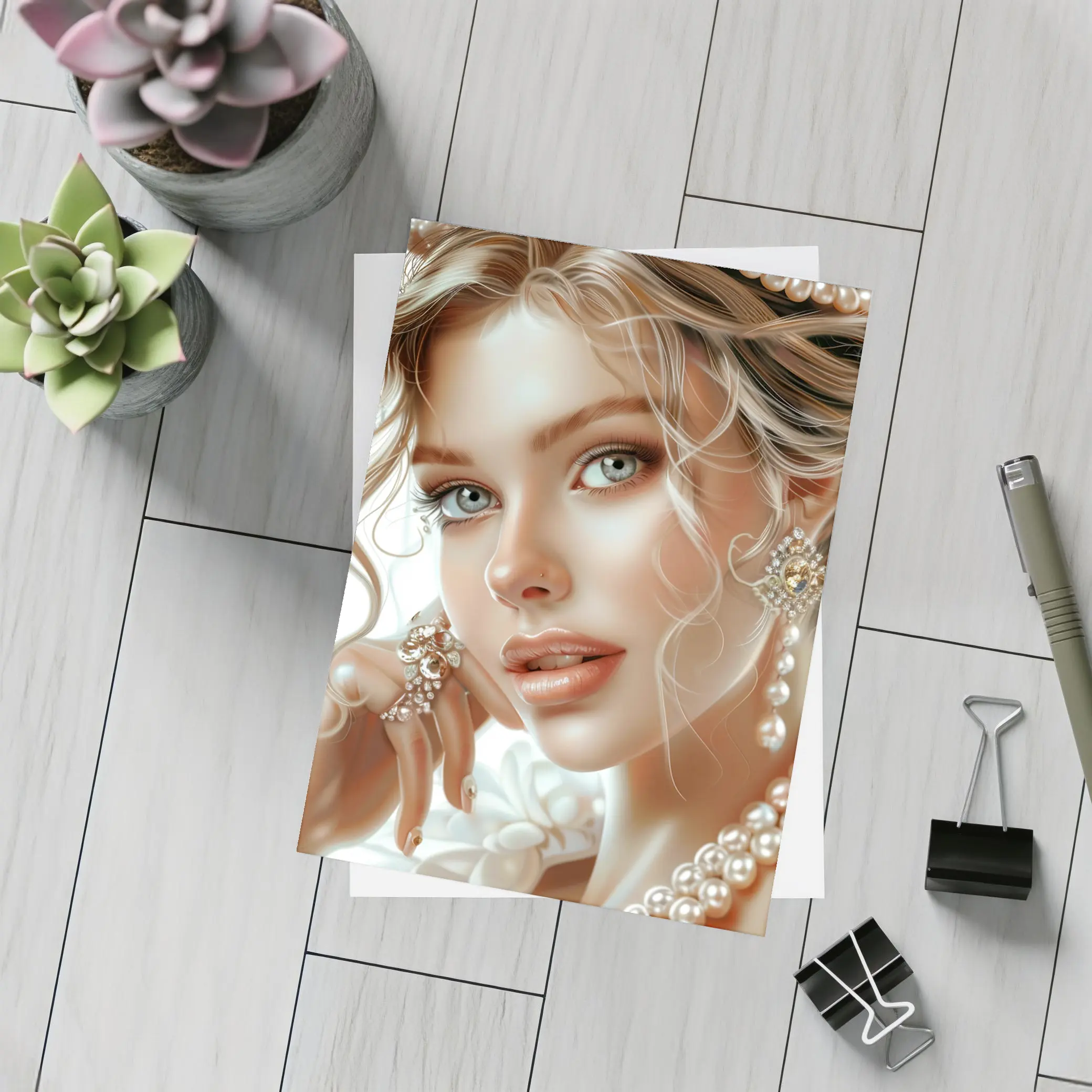 Elegant Woman Portrait Pearl Jewelry White – Postcards