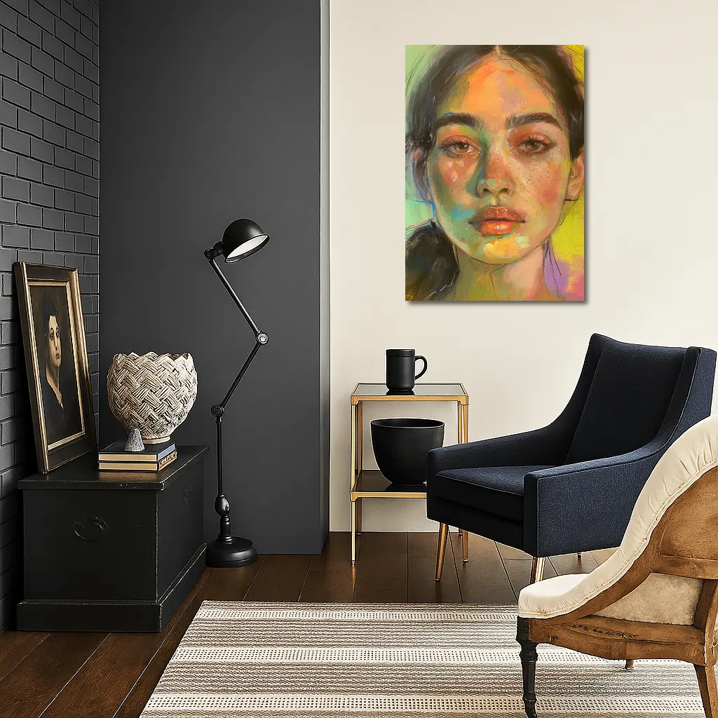 Colorful Portrait Painting Woman Yellow Background – Wall Art