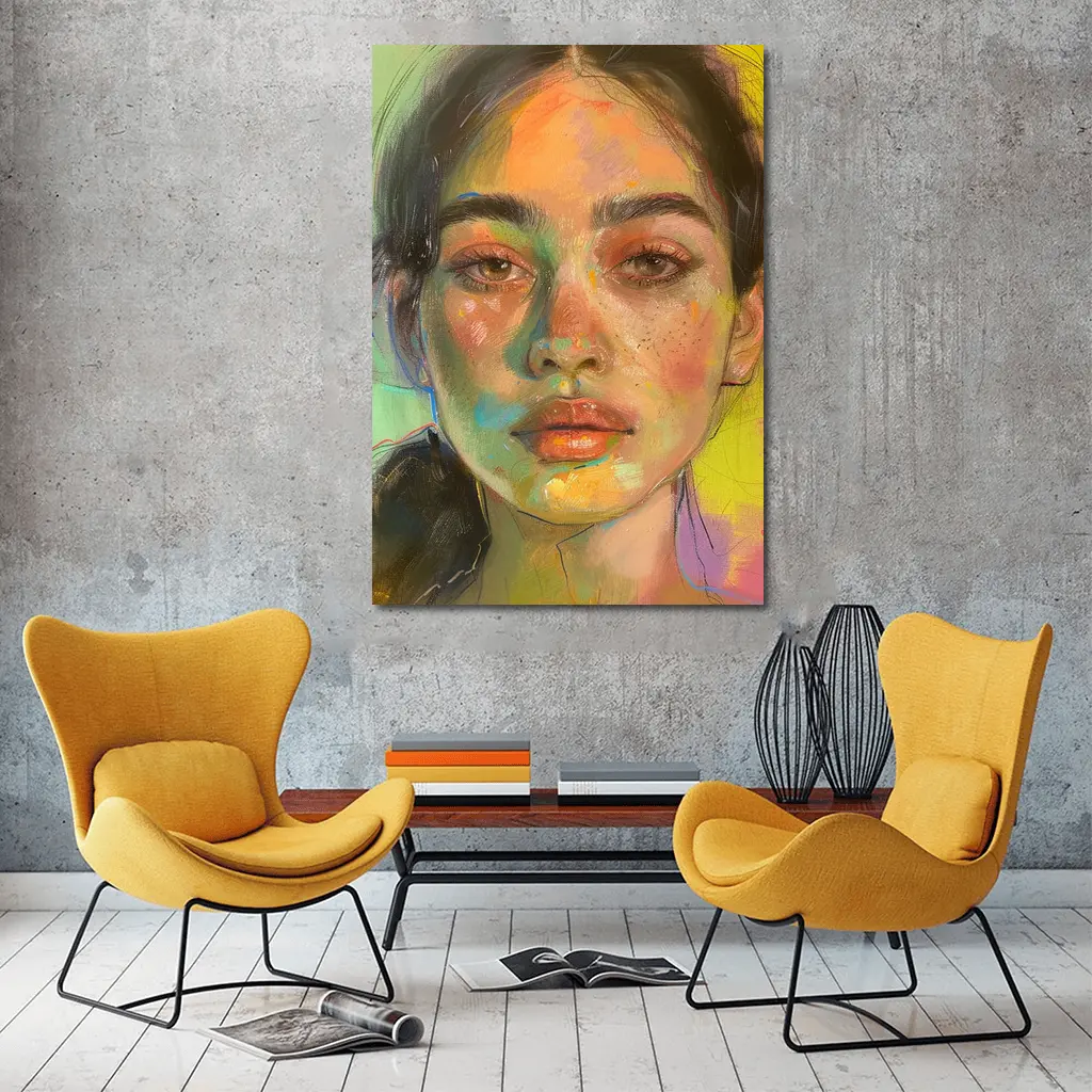 Colorful Portrait Painting Woman Yellow Background – Wall Art