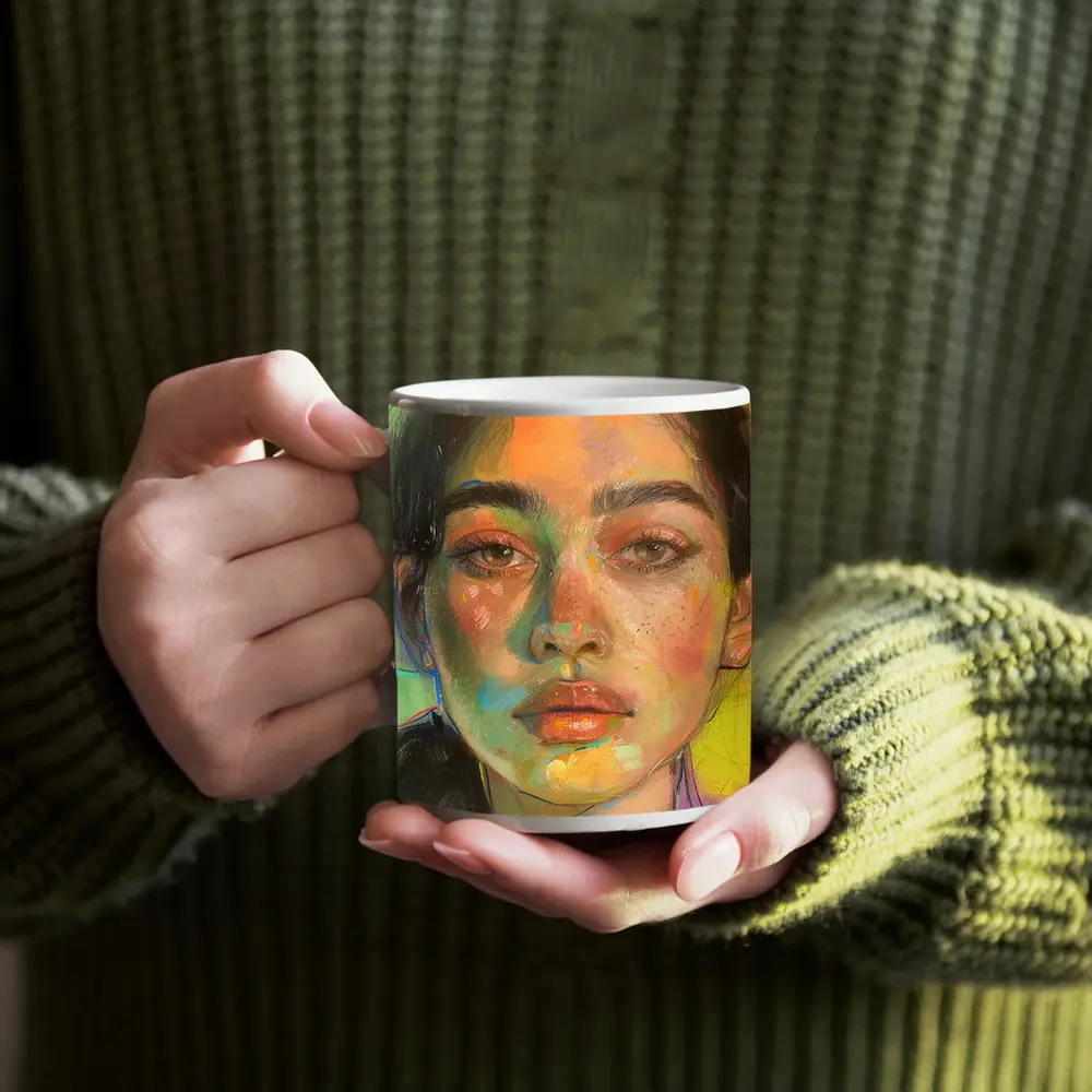 Colorful Portrait Painting Woman Yellow Background – Mugs