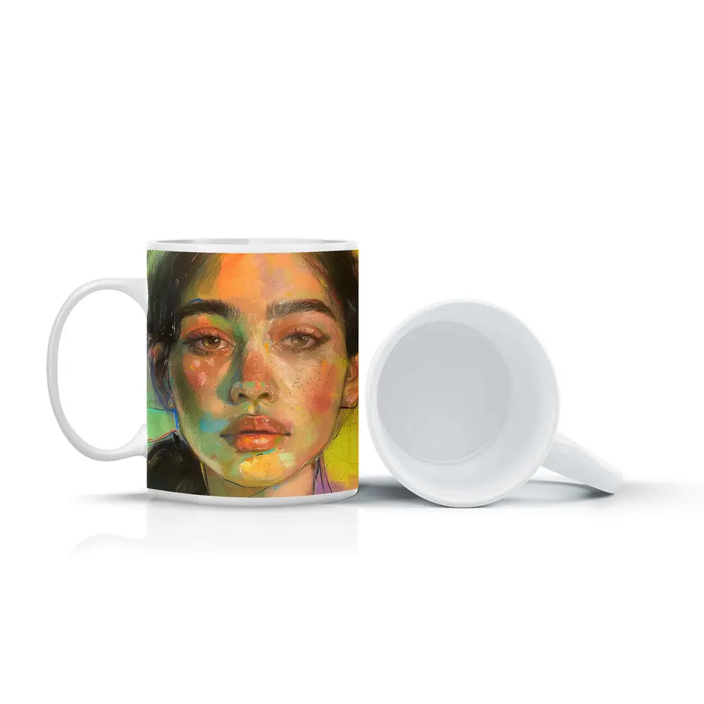 Colorful Portrait Painting Woman Yellow Background – Mugs
