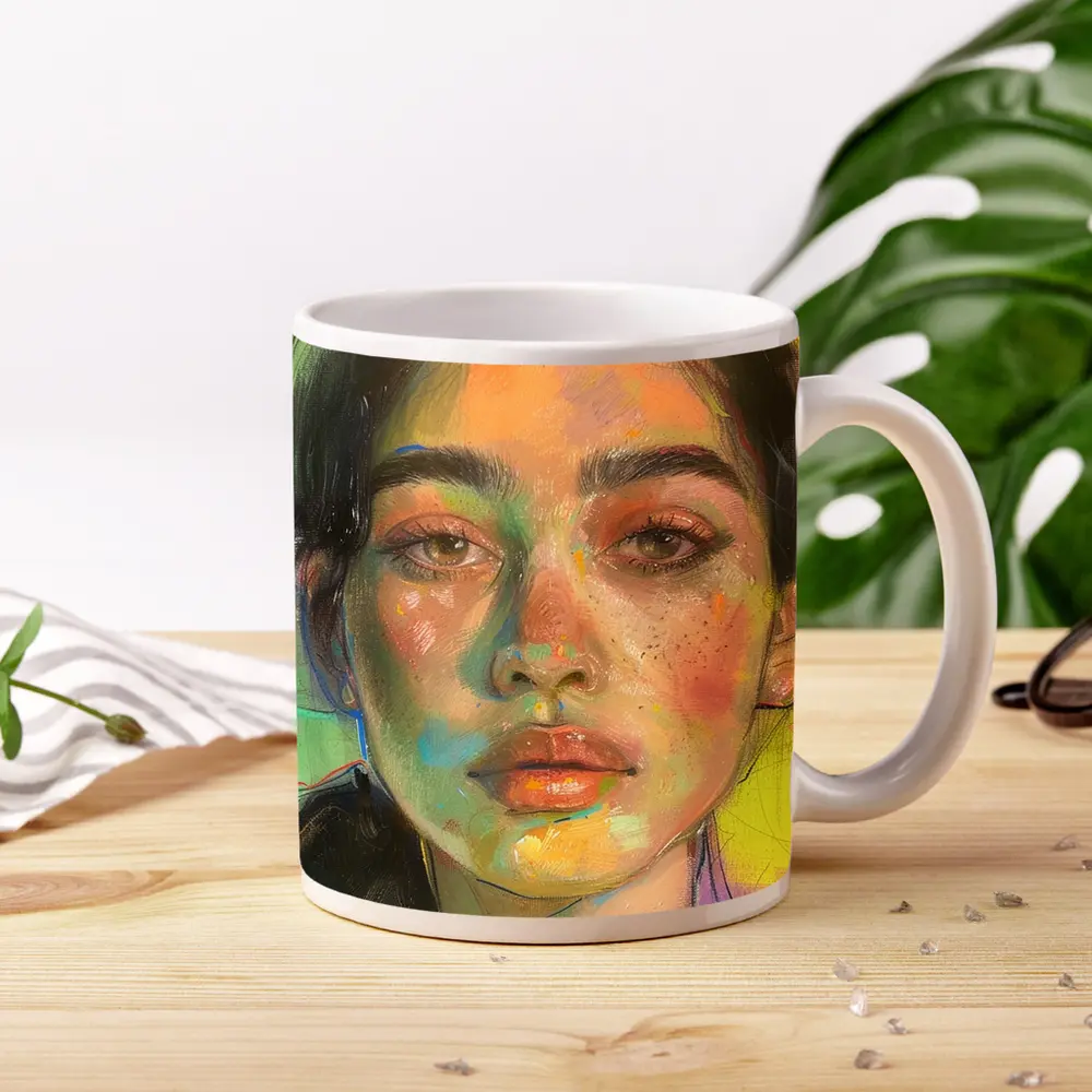 Colorful Portrait Painting Woman Yellow Background – Mugs