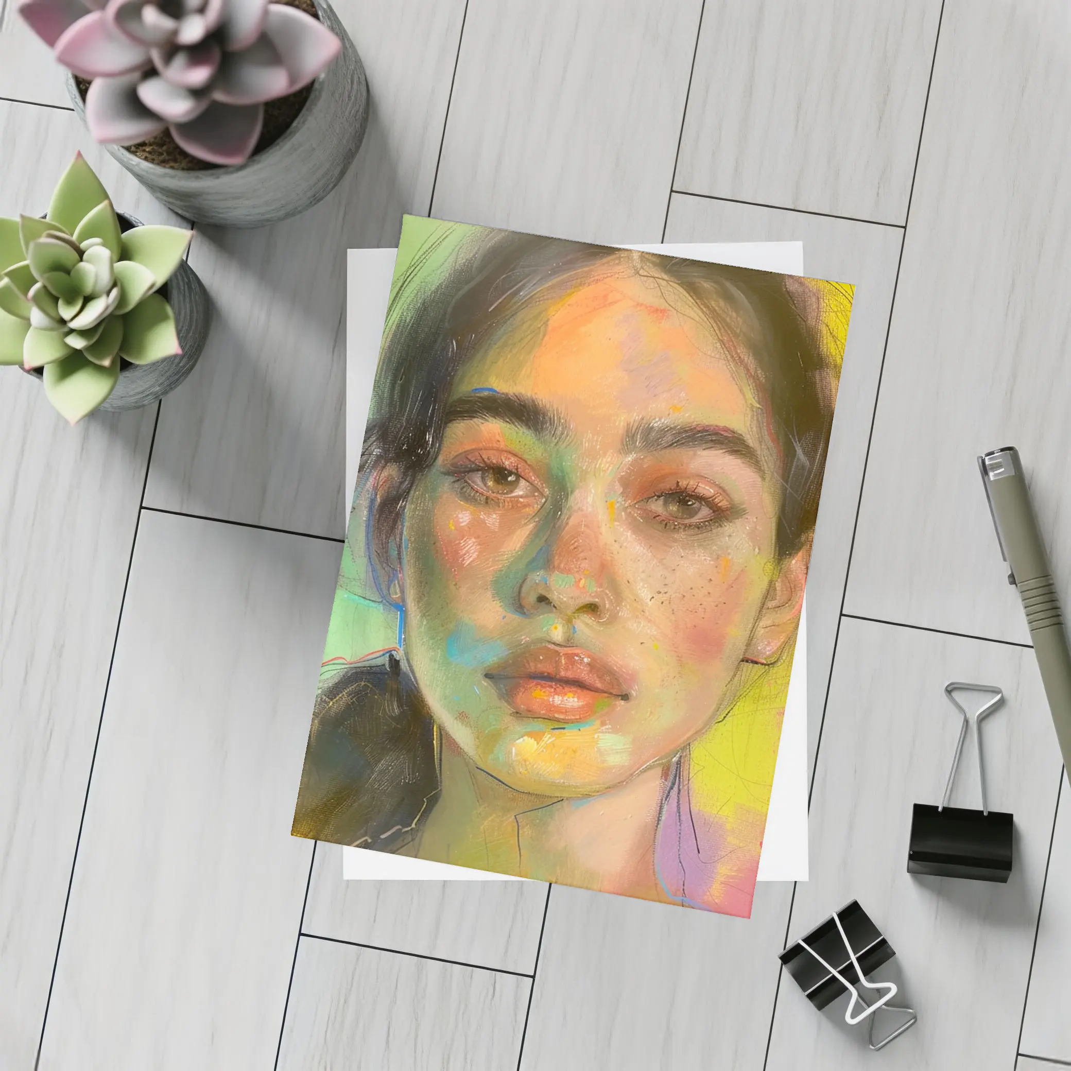 Colorful Portrait Painting Woman Yellow Background – Postcards