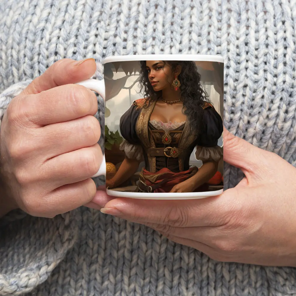 Fantasy Woman Merchant Market Digital Art – Mugs