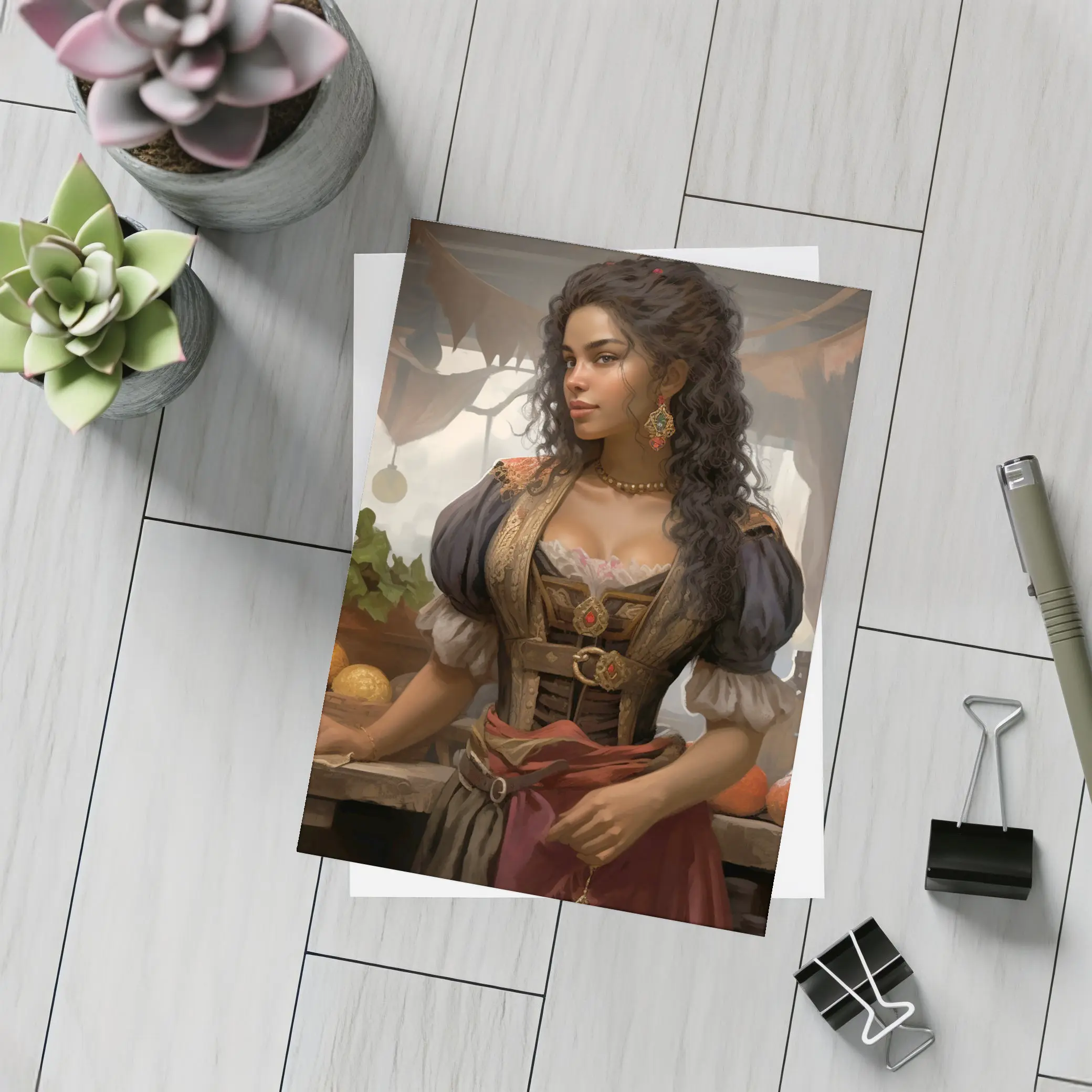 Fantasy Woman Merchant Market Digital Art – Postcards