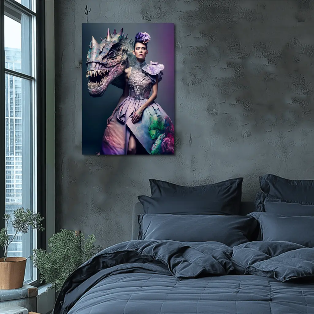 Woman in Purple Gown with Dinosaur – Wall Art
