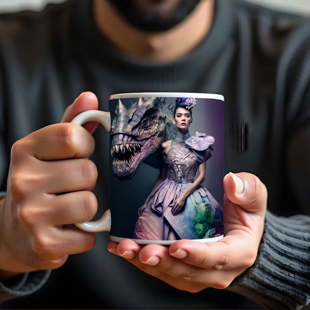 Woman in Purple Gown with Dinosaur – Mugs