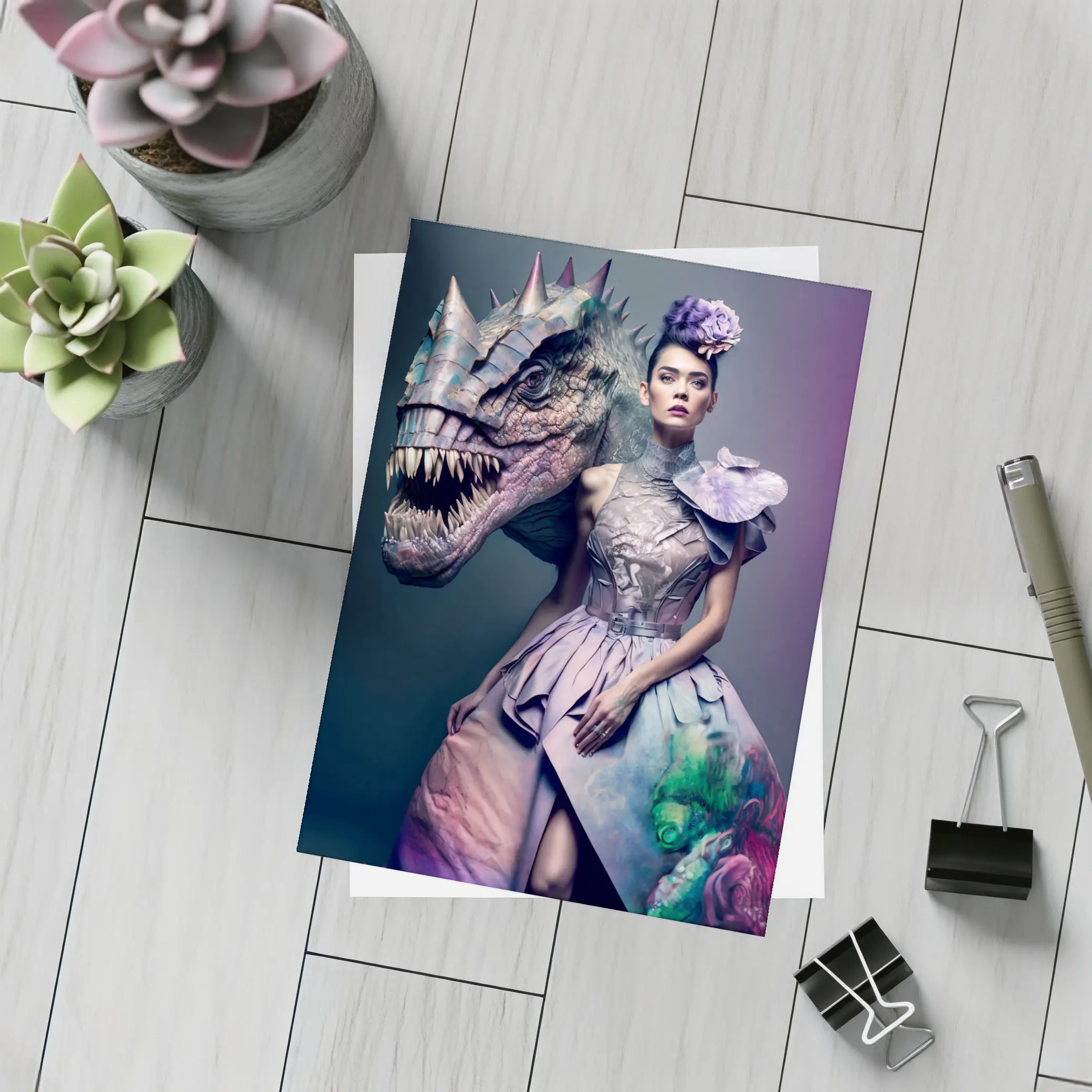 Woman in Purple Gown with Dinosaur – Postcards