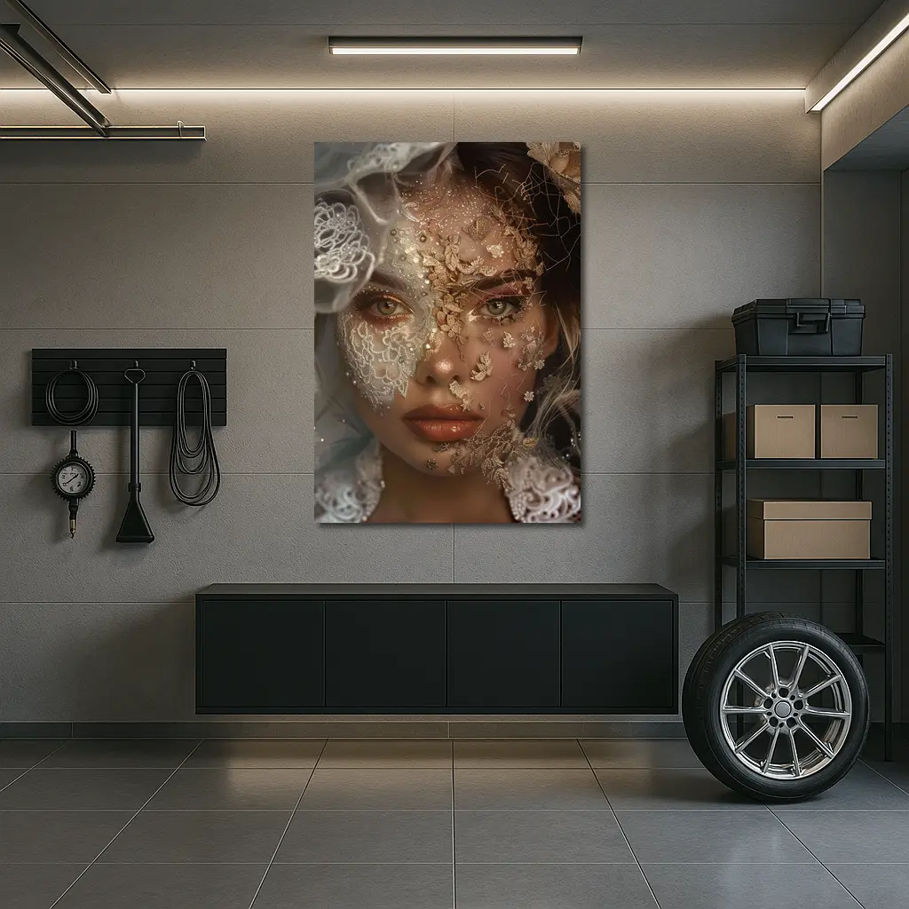 Woman Face Golden Lace Floral Veil Portrait – Wall Art