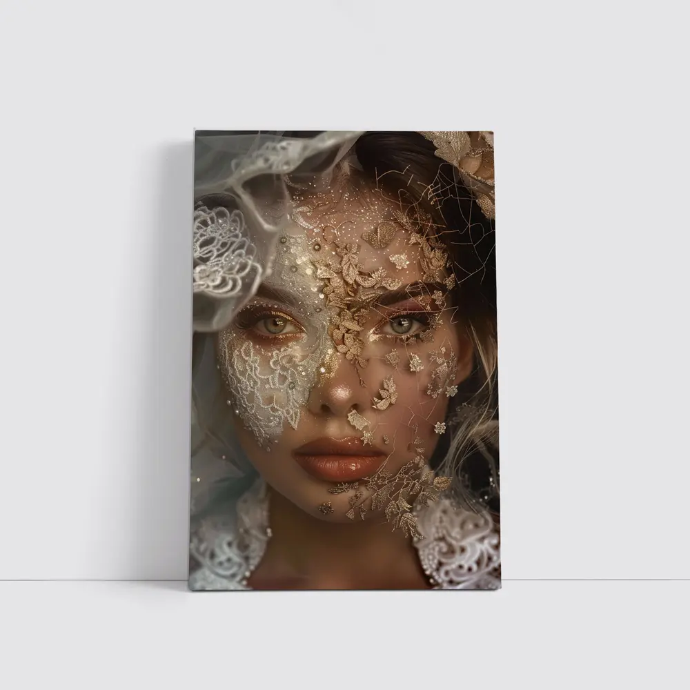 Woman Face Golden Lace Floral Veil Portrait – Wall Art