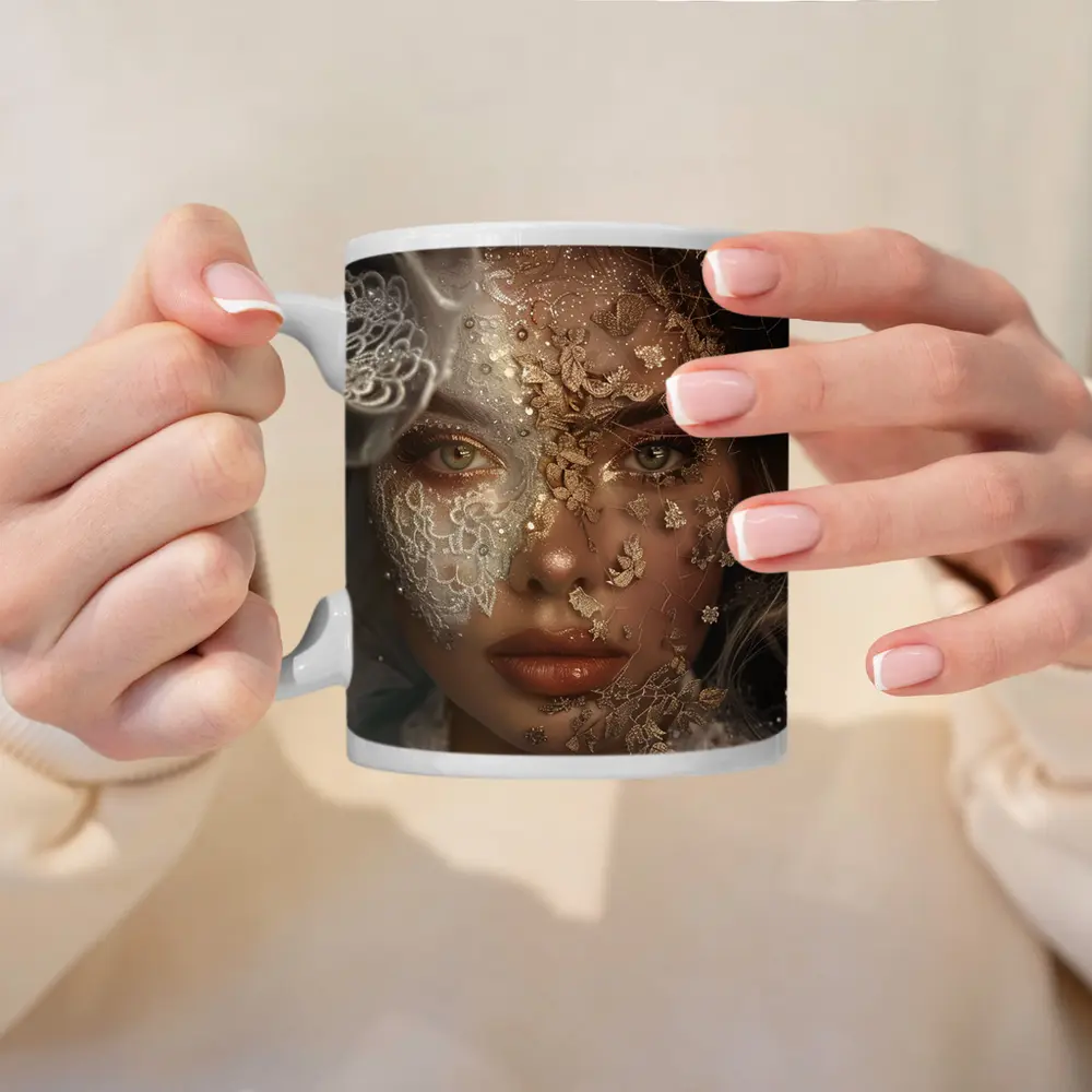 Woman Face Golden Lace Floral Veil Portrait – Mugs