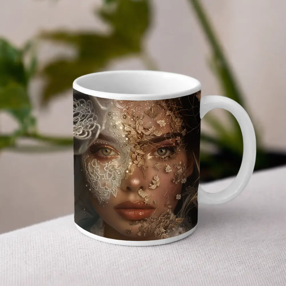 Woman Face Golden Lace Floral Veil Portrait – Mugs