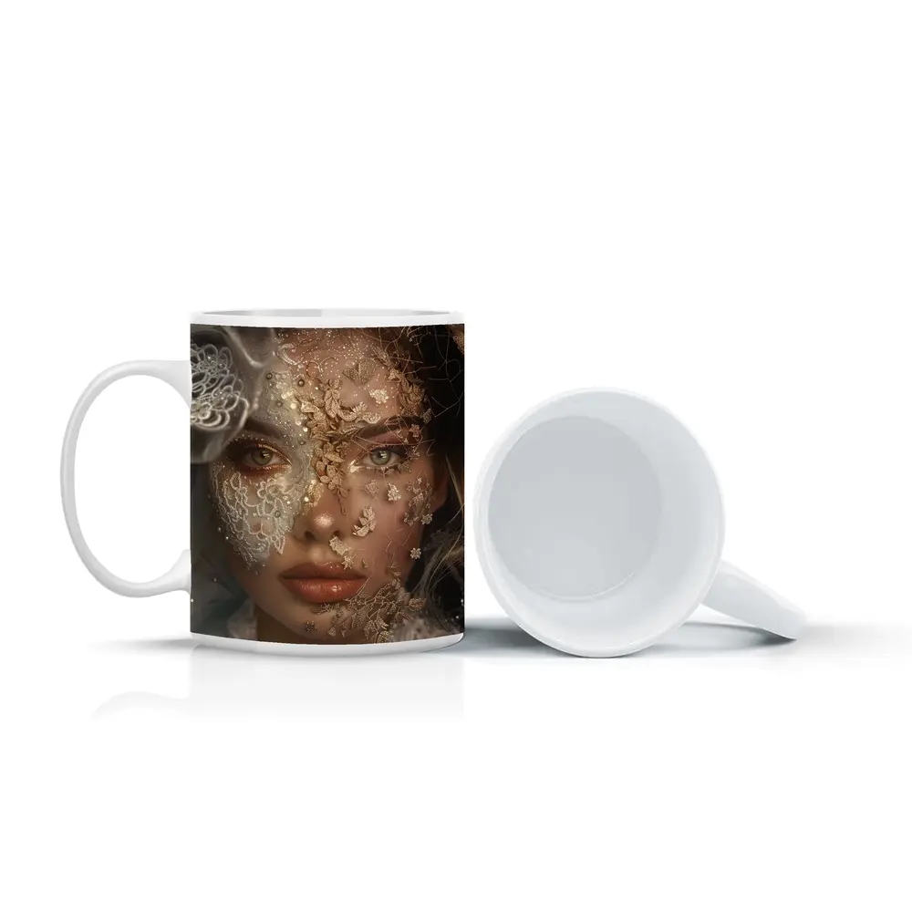 Woman Face Golden Lace Floral Veil Portrait – Mugs