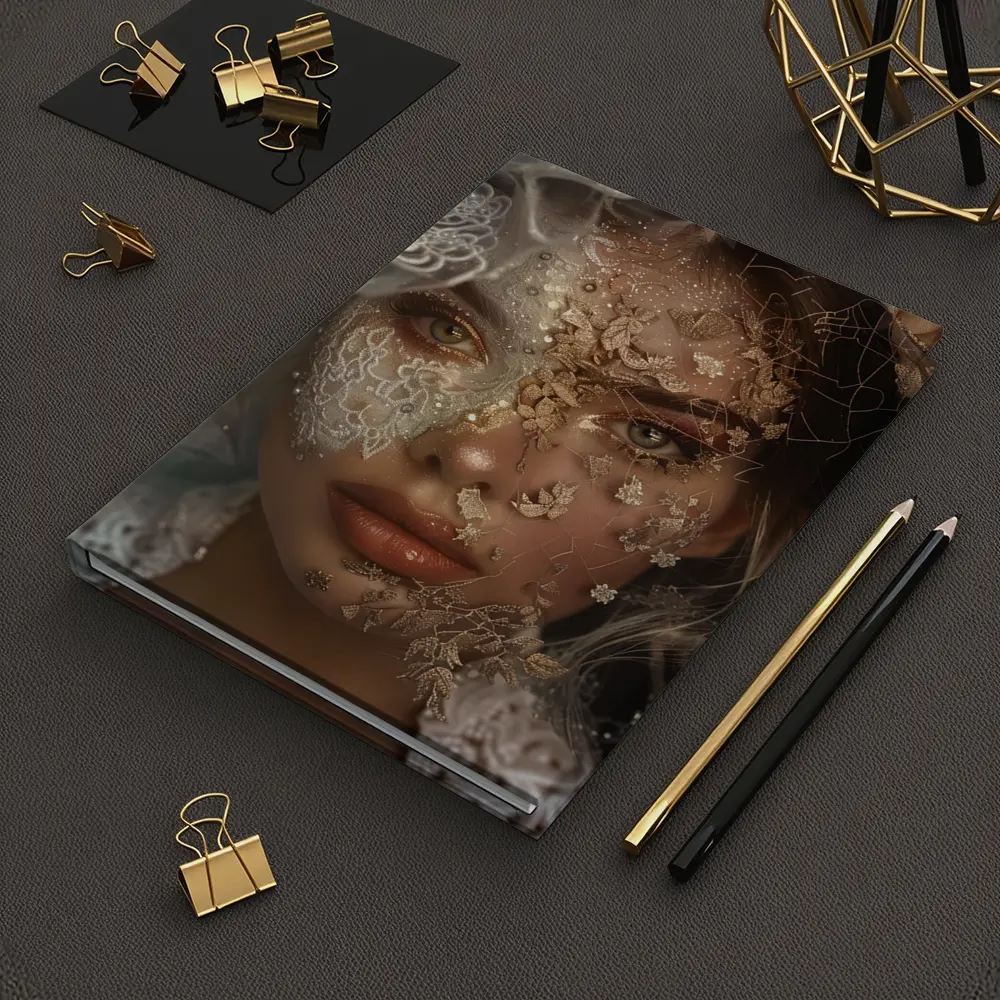 Woman Face Golden Lace Floral Veil Portrait – Notebooks