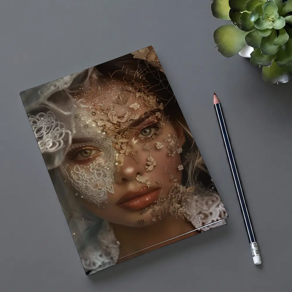 Woman Face Golden Lace Floral Veil Portrait – Notebooks