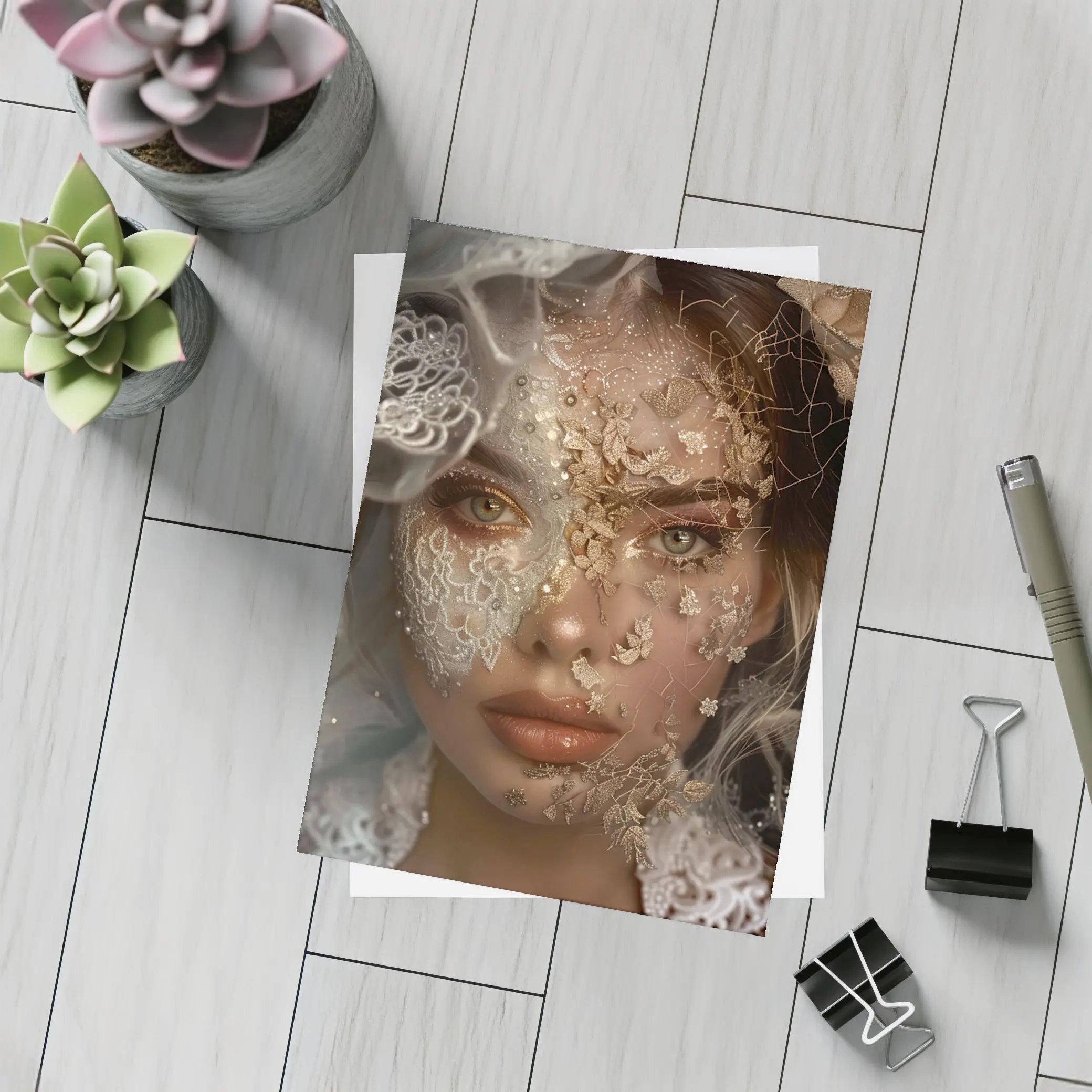 Woman Face Golden Lace Floral Veil Portrait – Postcards