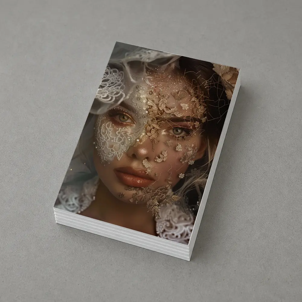 Woman Face Golden Lace Floral Veil Portrait – Postcards