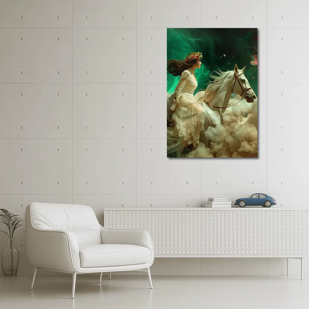 Woman Riding White Horse Starry Sky – Wall Art