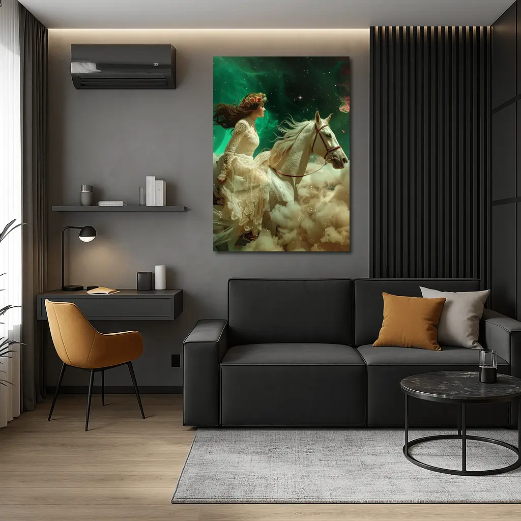 Woman Riding White Horse Starry Sky – Wall Art